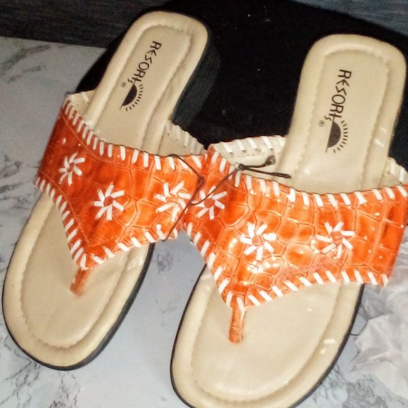 Vintage NWOT Women's  Whipped-stitch Upper Leather Sandals Orange/White size 7 - Picture 9 of 9